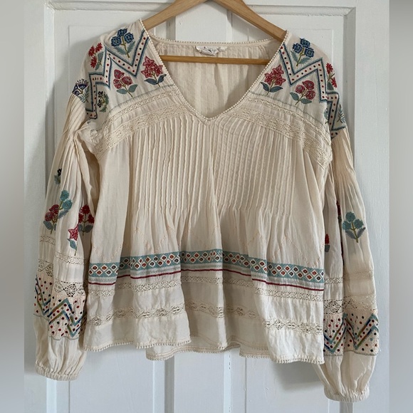 New Anthropologie Flowy Cream Multicolor Beaded Peasant Blouse Size XS - Picture 1 of 4